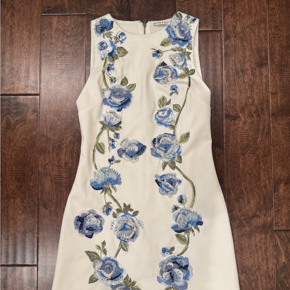 Alice + Olivia Blue Floral Embroidered Mini Dress